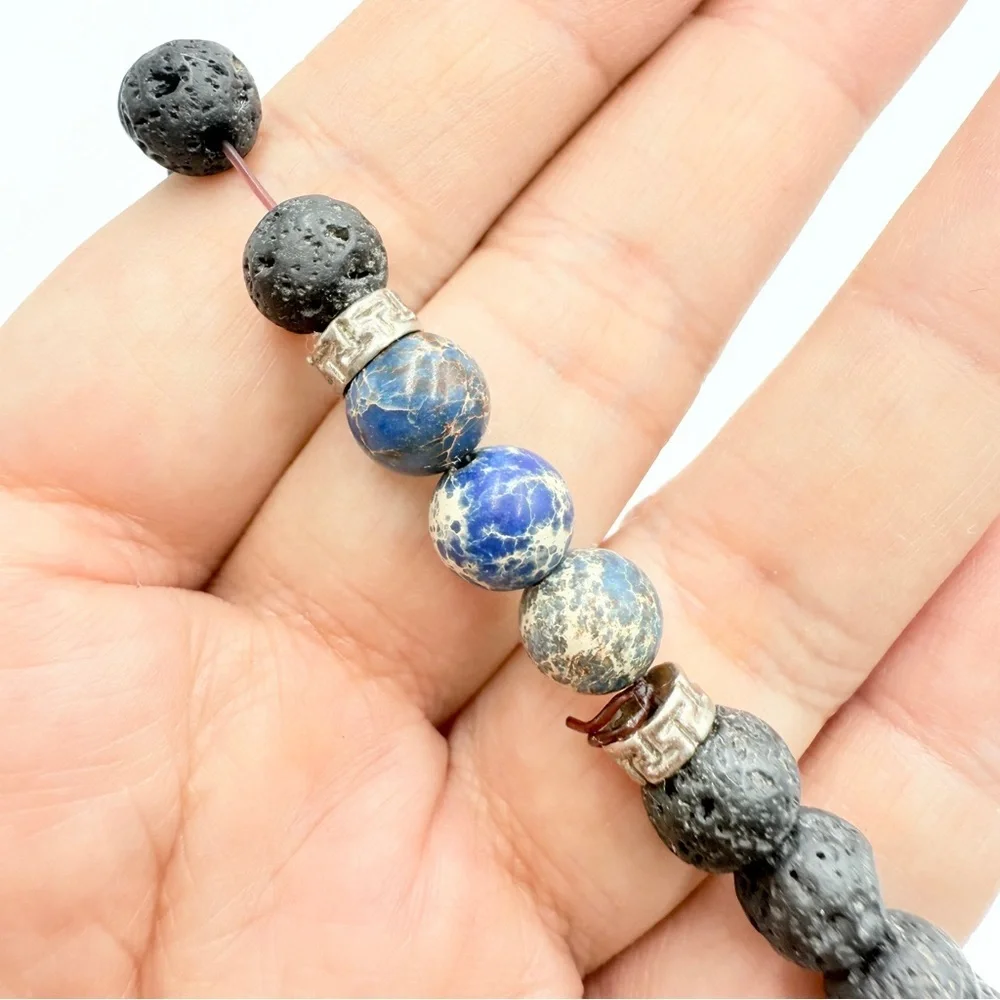 Blue Aqua Terra Jasper Black Lava Black and Blue Beaded Bracelet - Picture 8 of 10